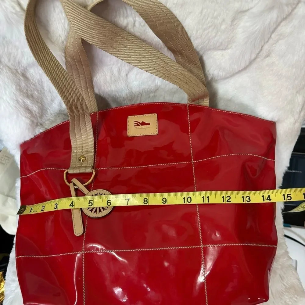 Salvatore Ferragamo Red Beige Patent Leather Tote with Keychain # AU 21 7480